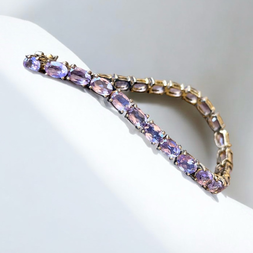 Vintage Purple Oval Cut 925 Gold Plated Sterling Silver Tennis Bracelet 7" Thai